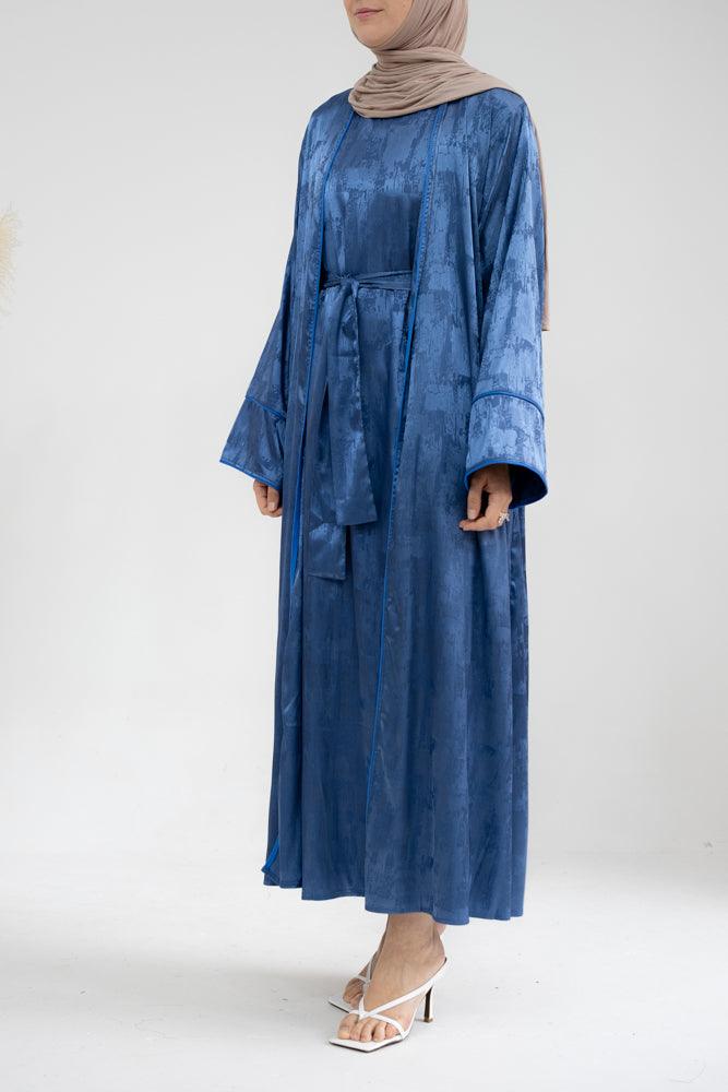 Miiriam abaya throw over with printed shine effect kimono sleeves detachable belt in blue - ANNAH HARIRI