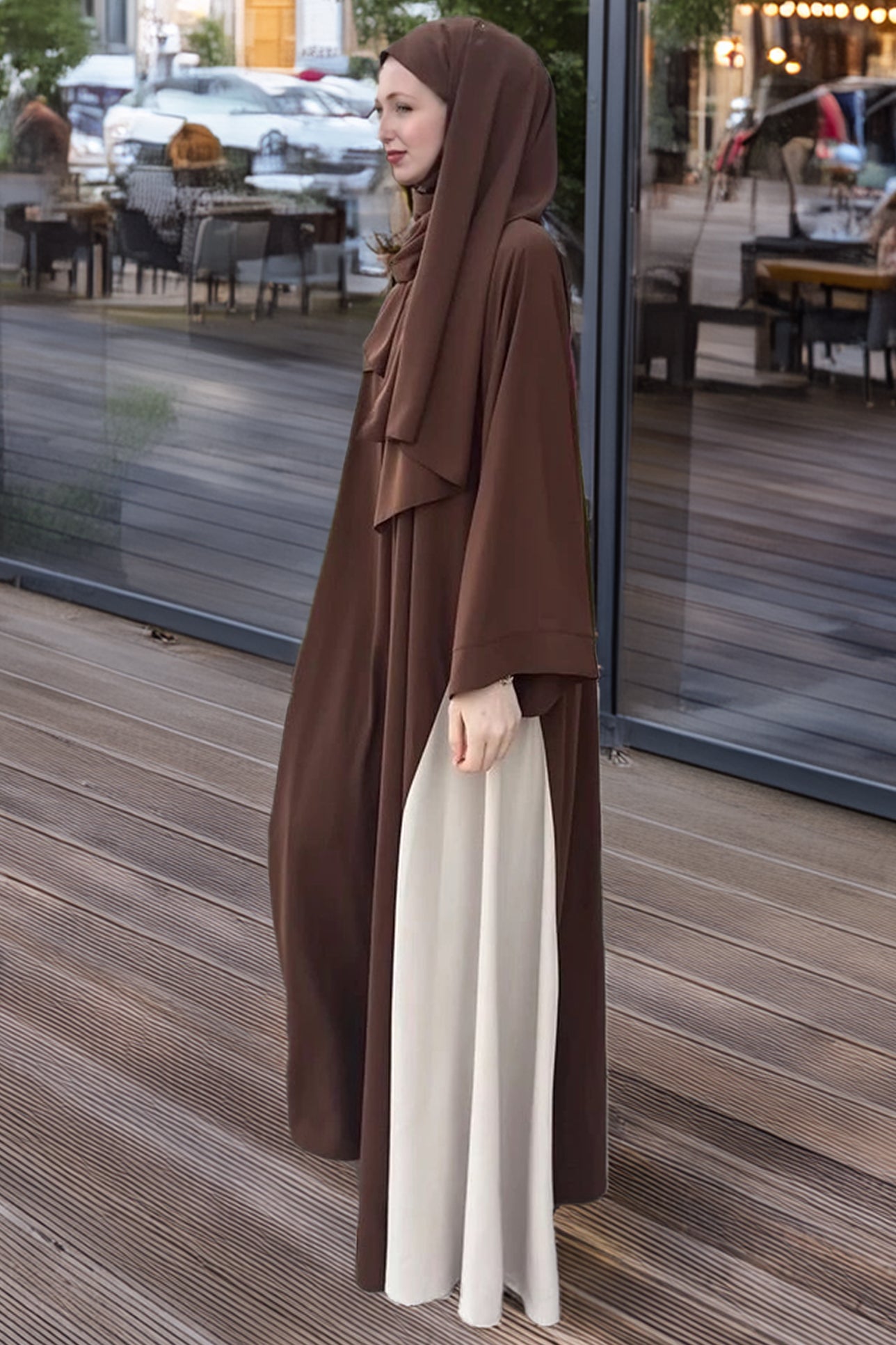 Side view of mocha-colored two-tone crepe Abaya