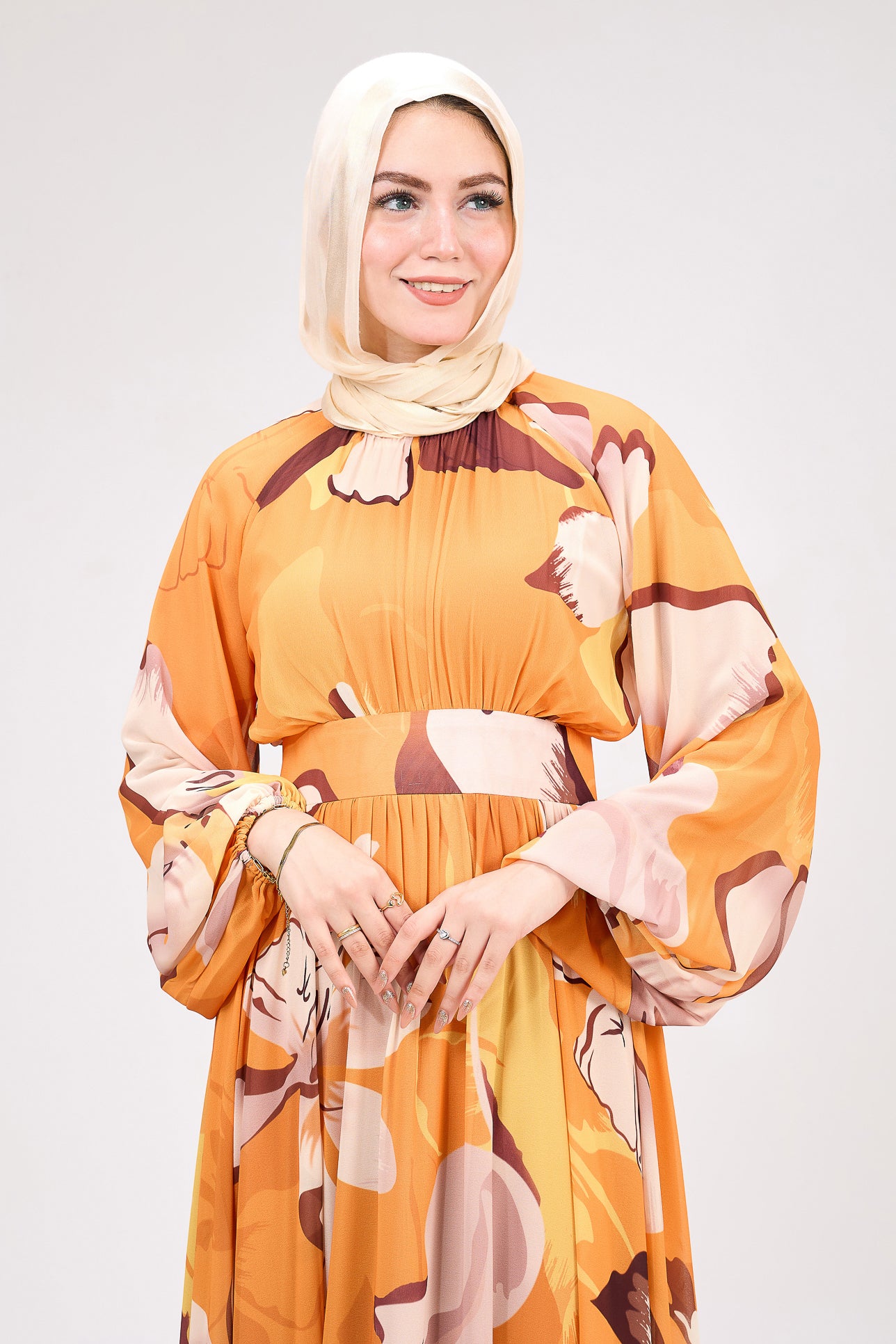 Amber floral modest dress with high neckline and long sleeves
