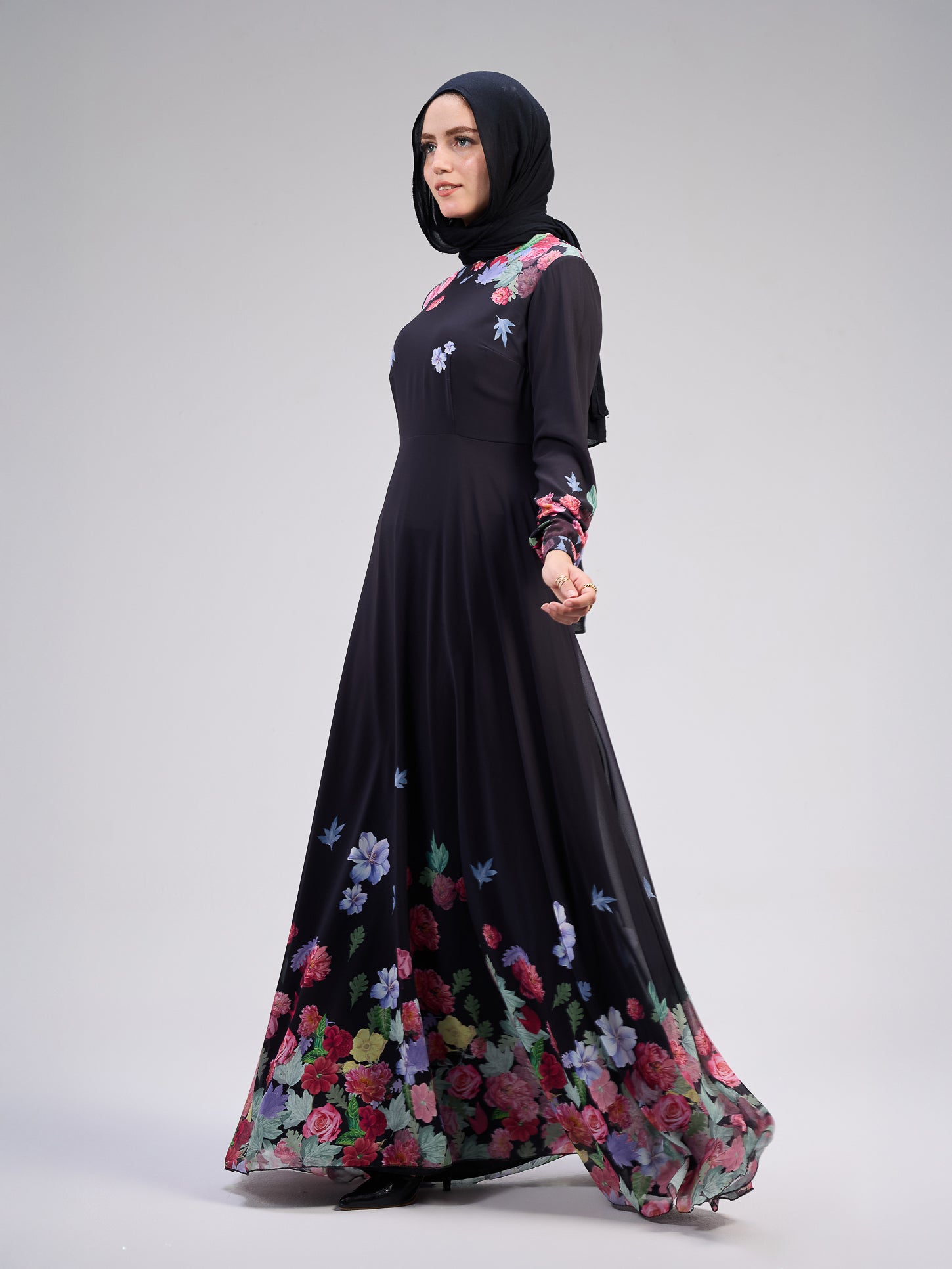 Modest black chiffon maxi dress with floral patterns