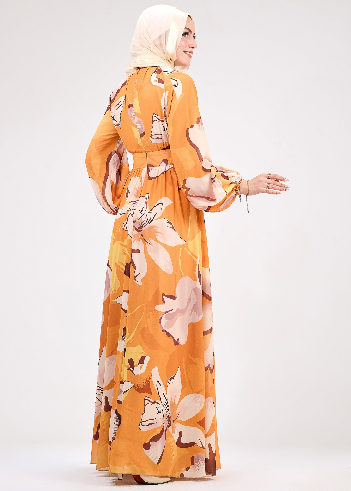 Amber floral chiffon modesty dress with bold patterns and flared sleeves