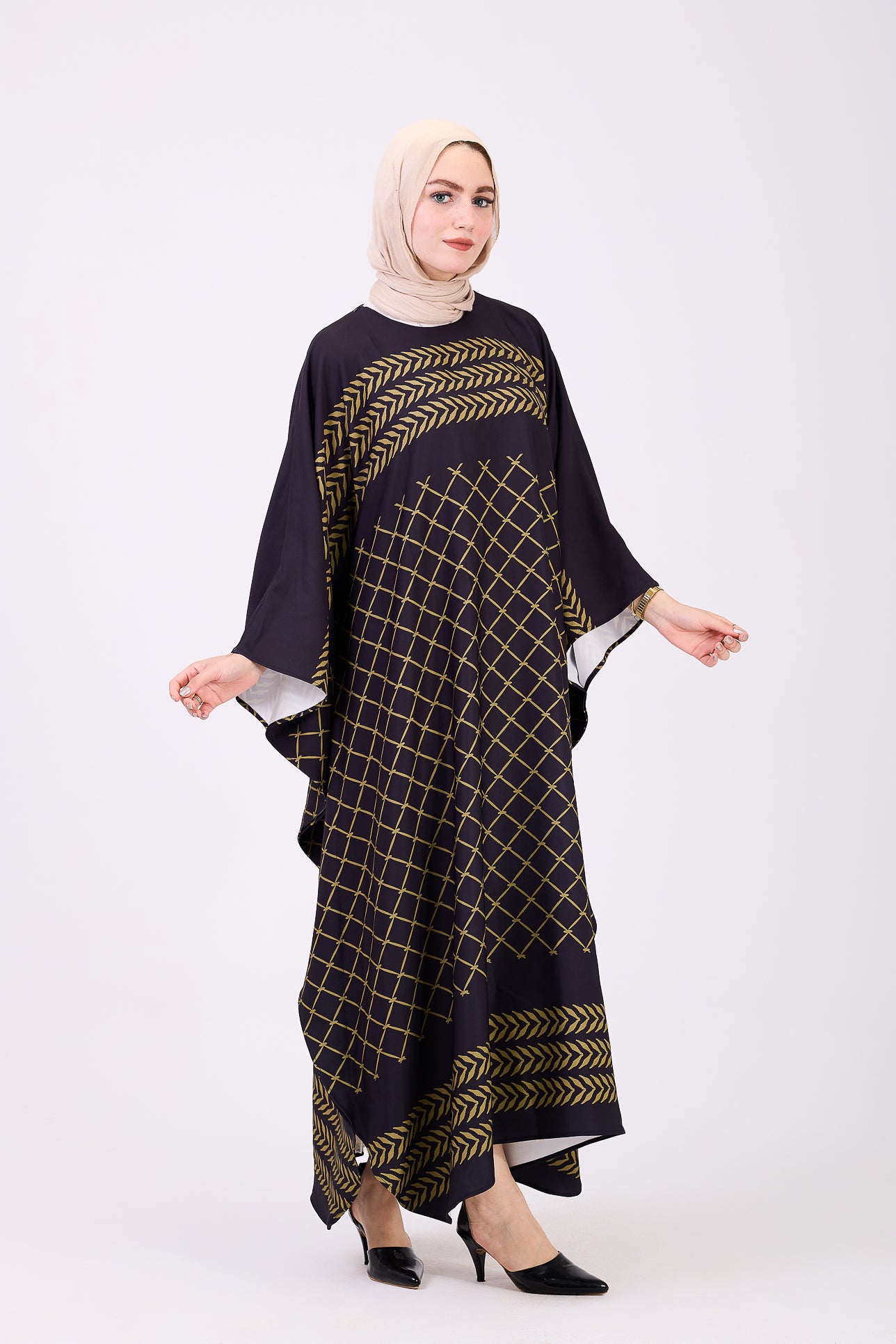 Modest geometric maxi dress front view
