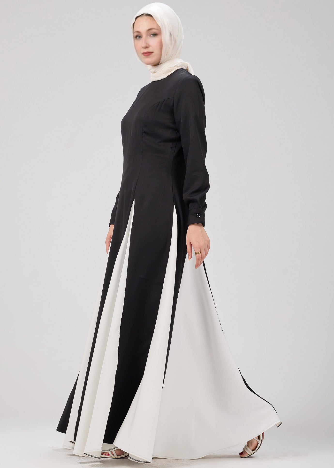 Monochrome Grace Maxi Dress with flowing panels