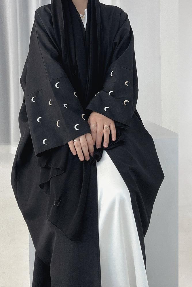 Moona abaya throw over with moon embroidery on sleeves in black - ANNAH HARIRI