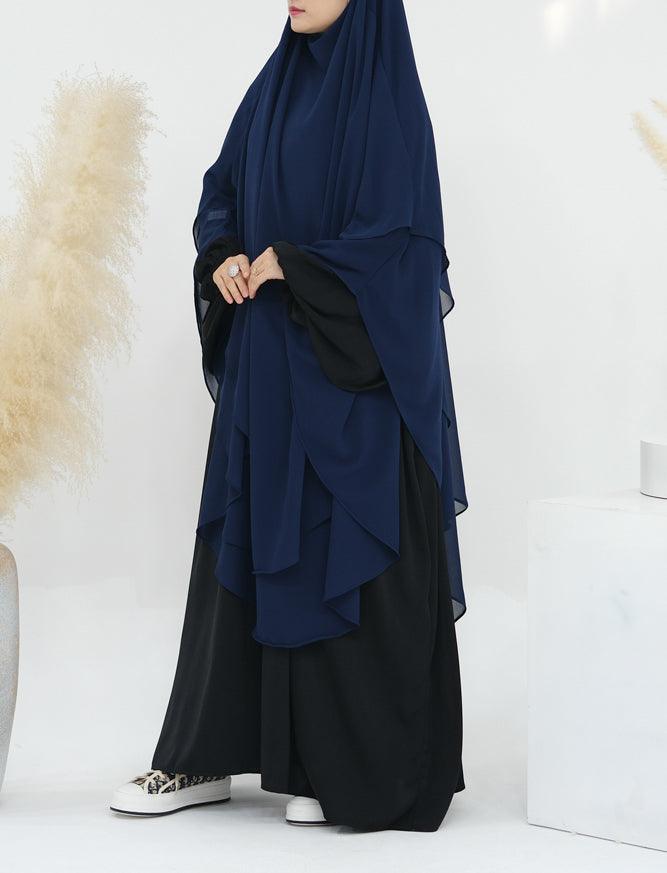 Front view of extra-long navy two-layer chiffon accessory