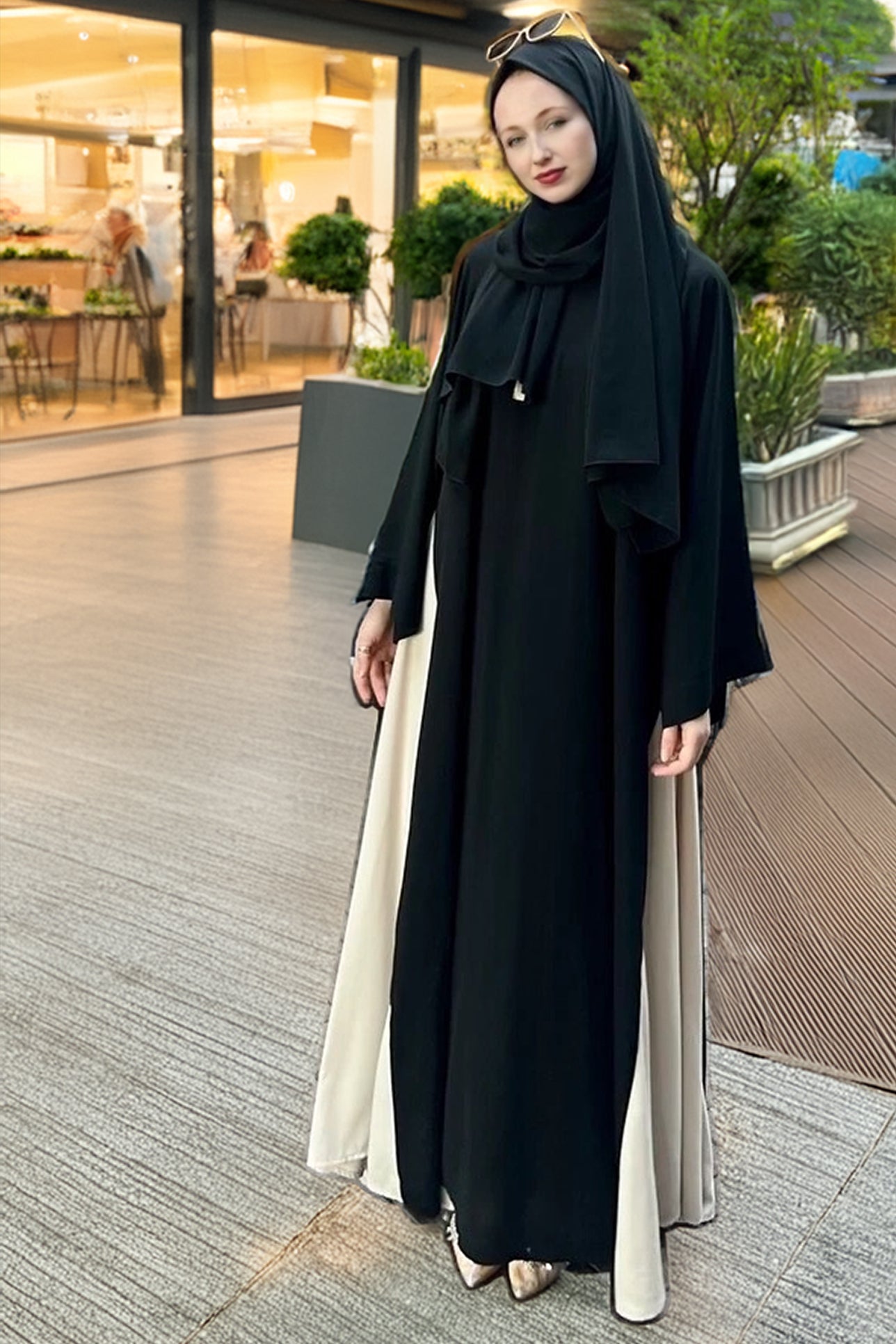 Front view of onyx-colored two-tone crepe Abaya