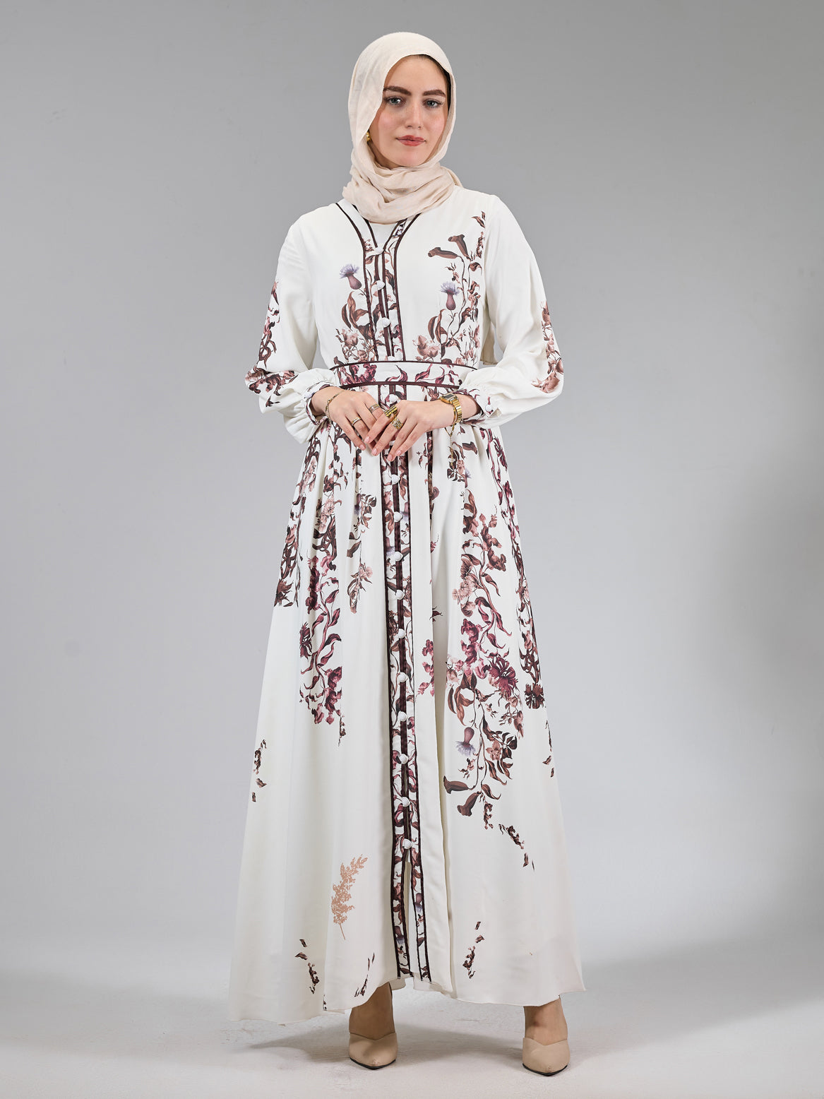 Front view of Orchid Satin Floral Maxi Dress