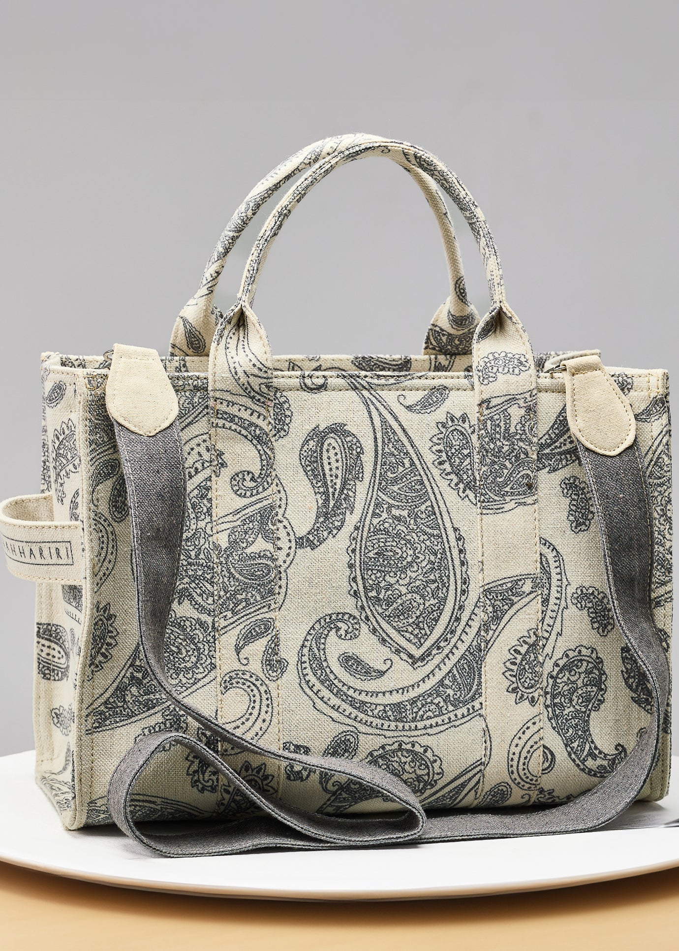 Close-up of handle on Paisley Print Canvas Tote