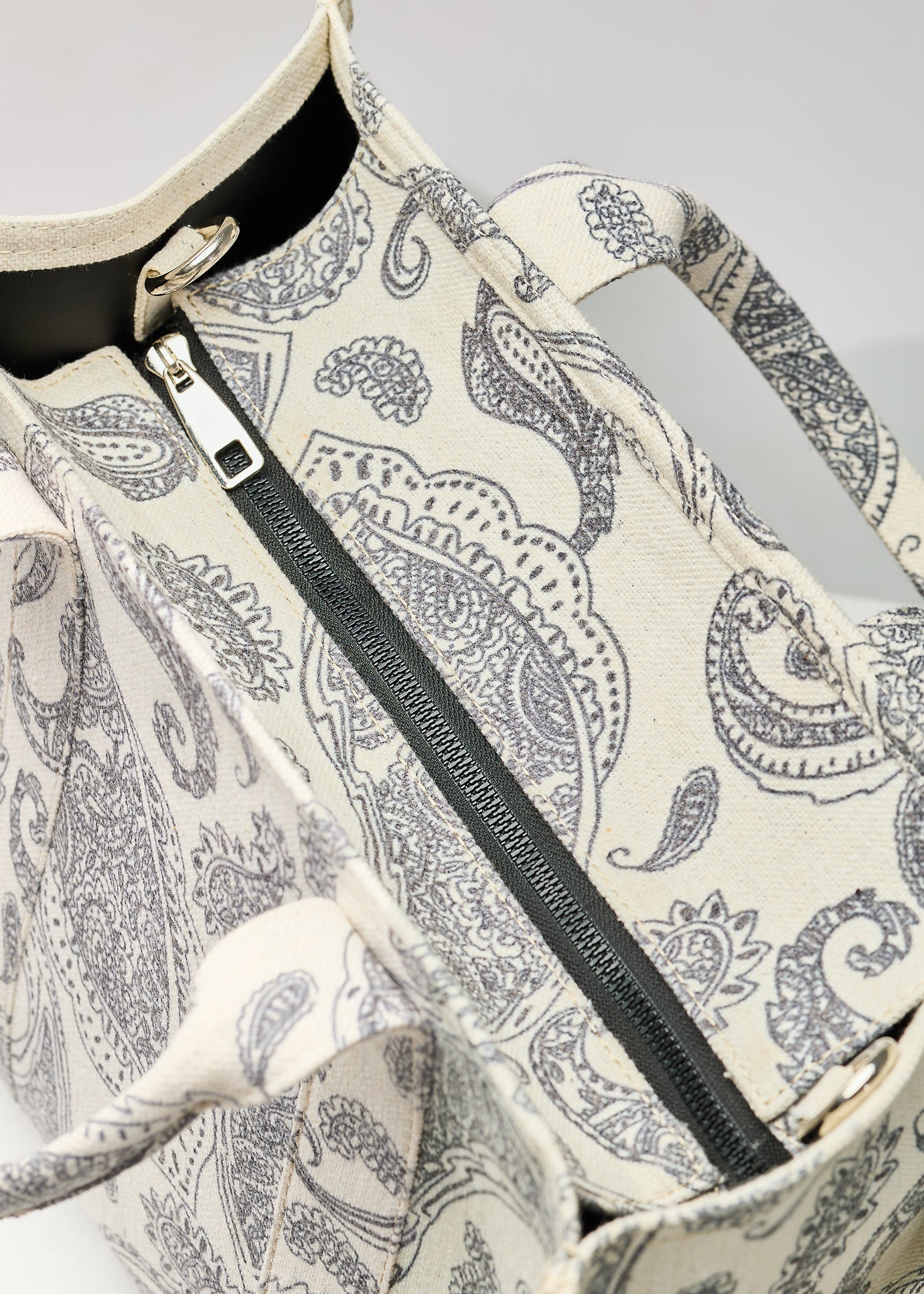 Interior view of Paisley Print Canvas Tote with pockets
