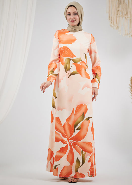 Full view of Peach Floral Satin Maxi Dress with belt