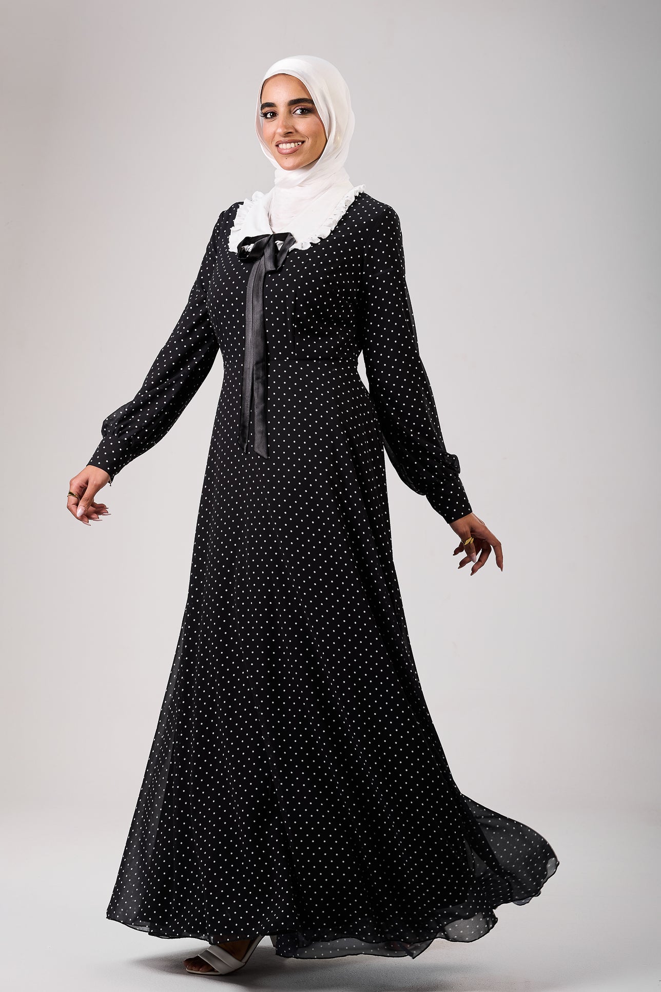 Back view of polka dot chiffon modesty maxi dress