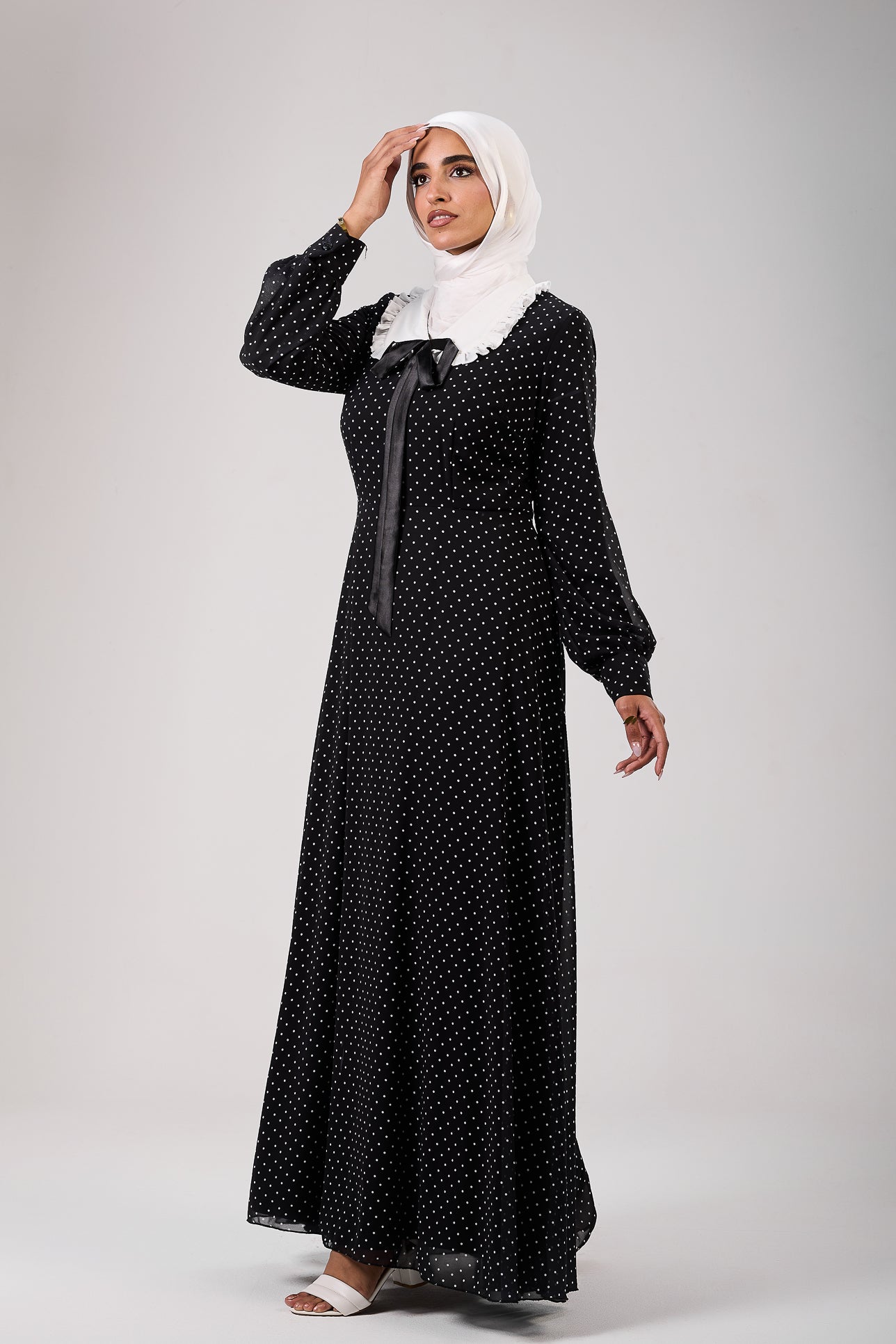 Flowing design of polka dot chiffon modesty maxi dress