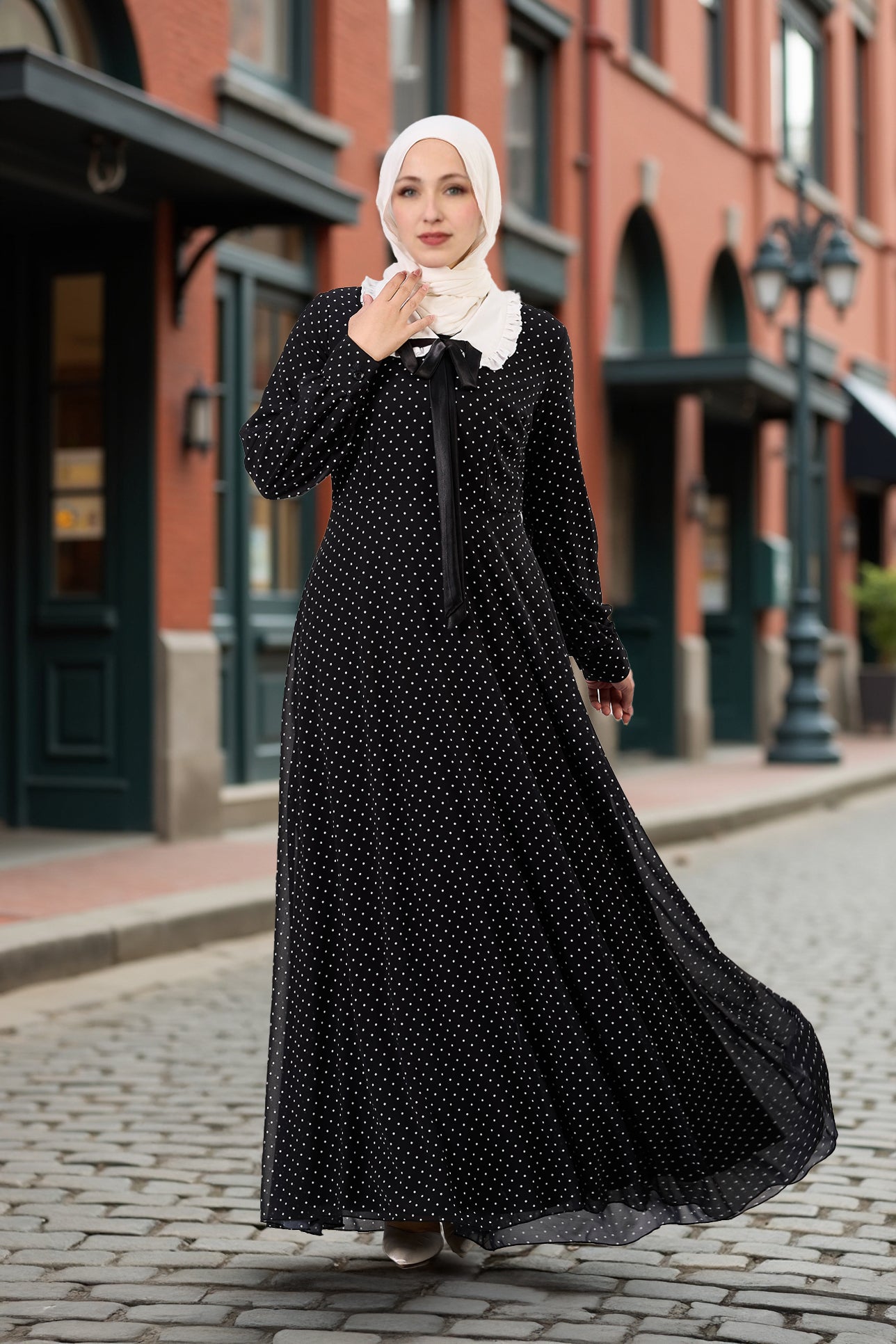 Front view of polka dot chiffon modesty maxi dress