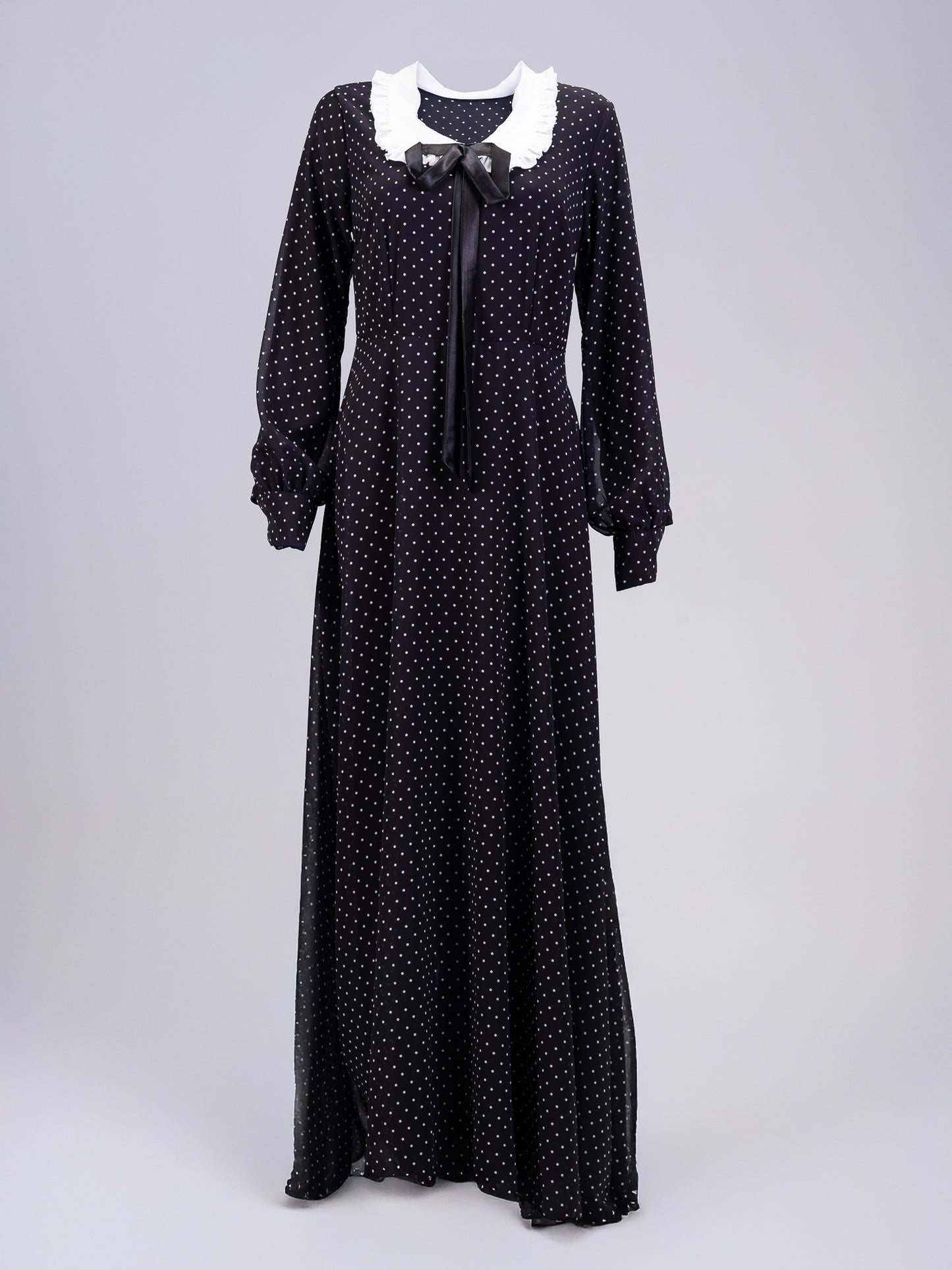 Flared sleeve detail of polka dot chiffon modesty maxi dress