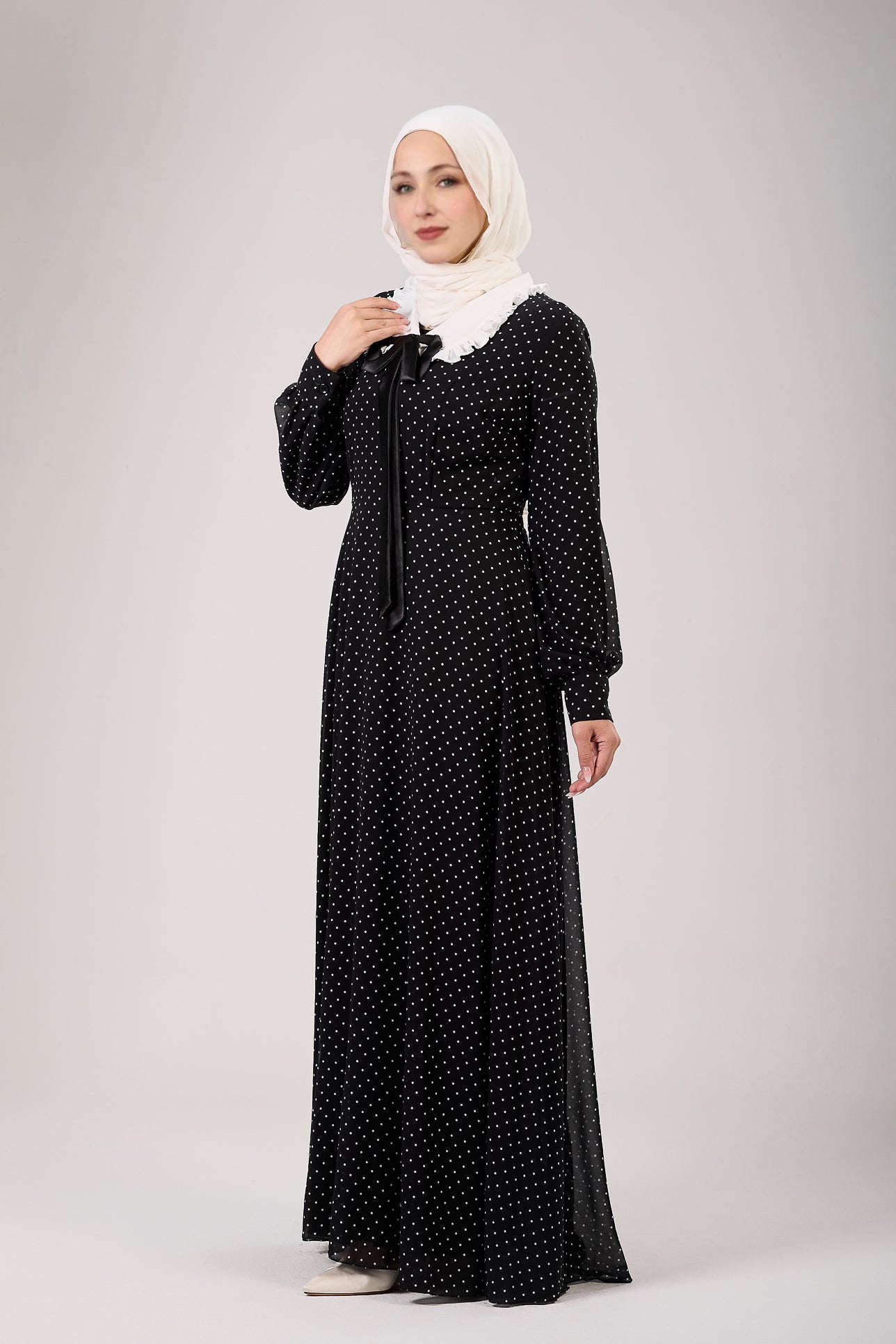 Side view of polka dot chiffon modesty maxi dress