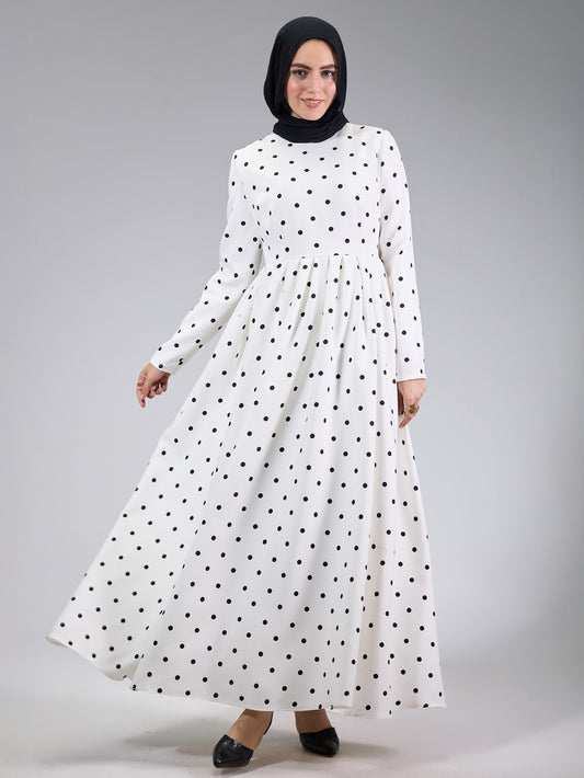 Front view of polka dot modesty dress