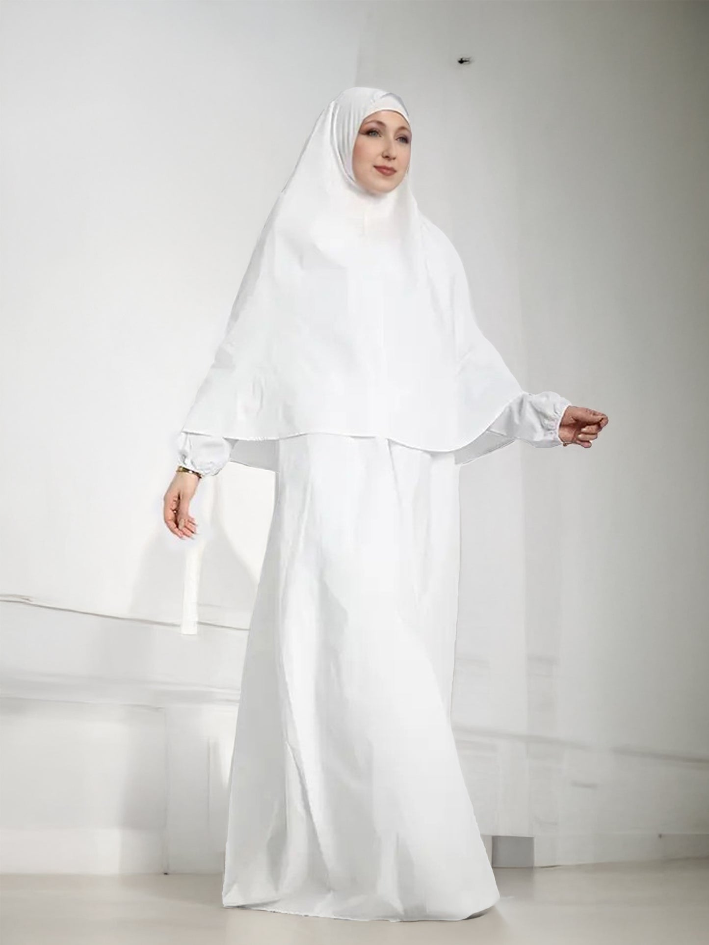 Front view of premium white modesty abaya