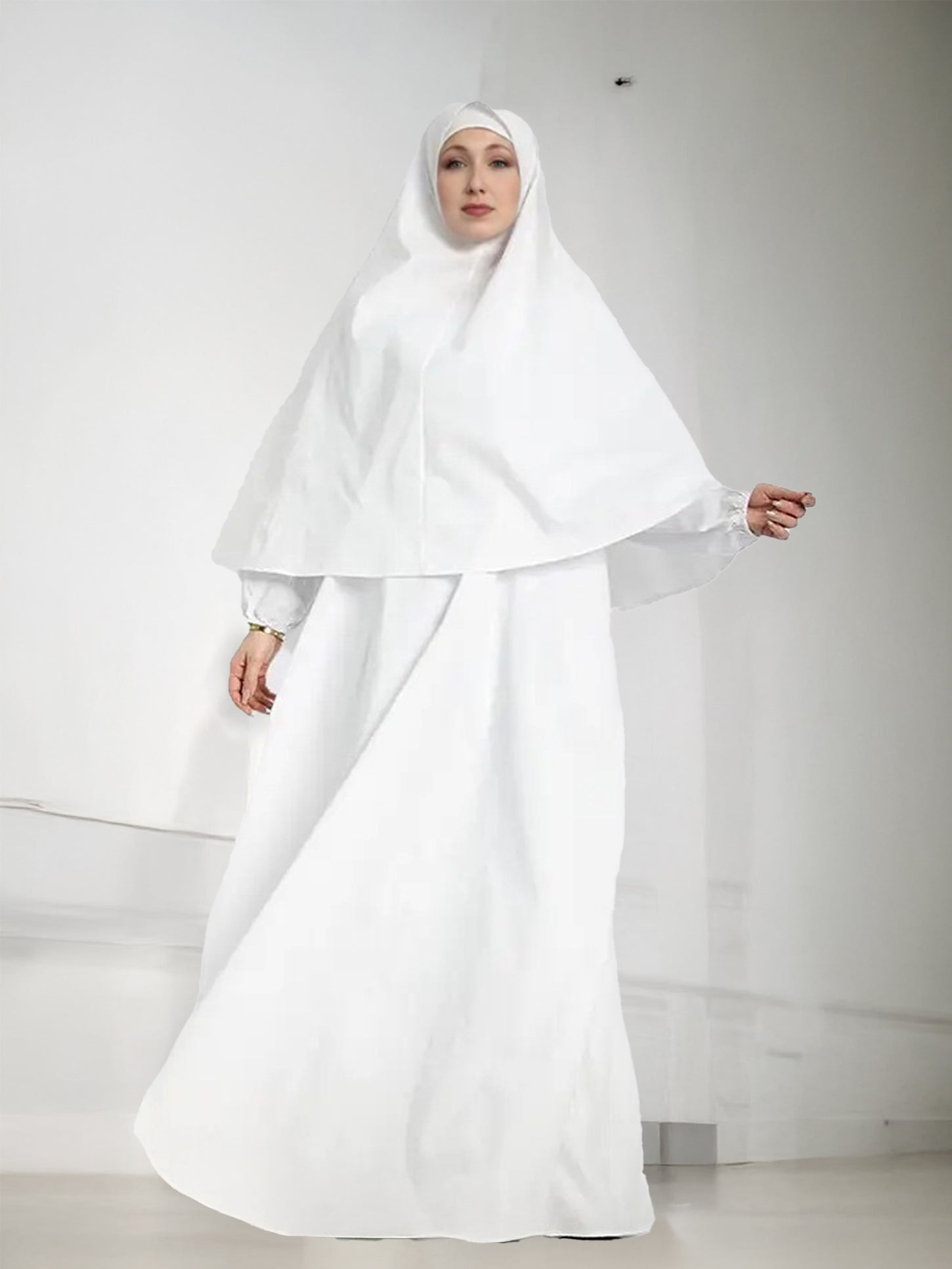 Side view of premium white modesty abaya