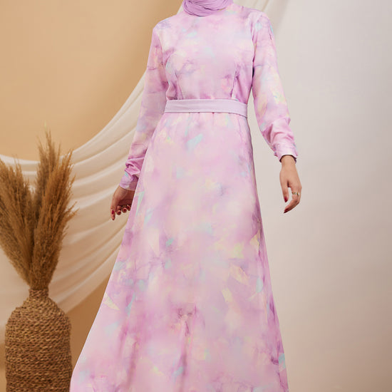 Close-up of the lavender high neck chiffon maxi dress, focusing on the pastel watercolor print