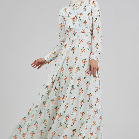 Close-up of pleated bodice on Floral Satin High Neck Maxi Dress