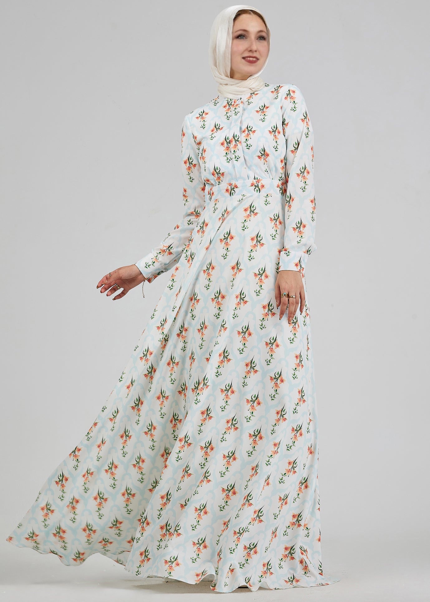 Close-up of pleated bodice on Floral Satin High Neck Maxi Dress