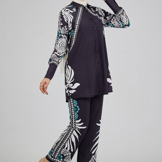 Celeste floral button-down tunic with matching trousers and heels
