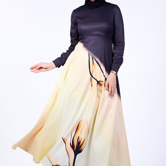 Front view of Elegance Satin Maxi Dress with floral gradient