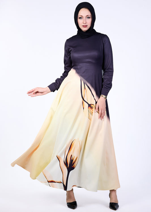 Front view of Elegance Satin Maxi Dress with floral gradient