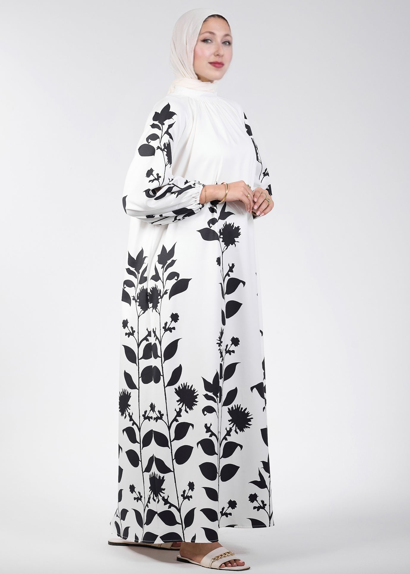 Elegant floral printed maxi dress with raglan sleeves - front view