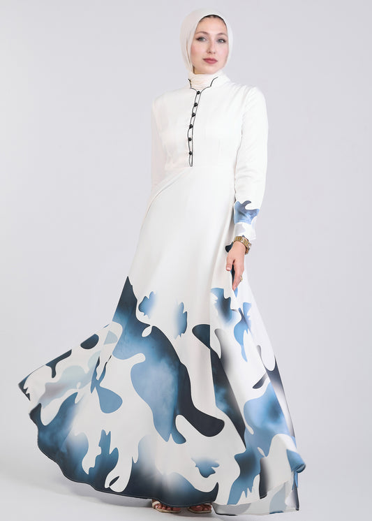 Front view of Azure Wave Abstract Crepe Maxi Dress
