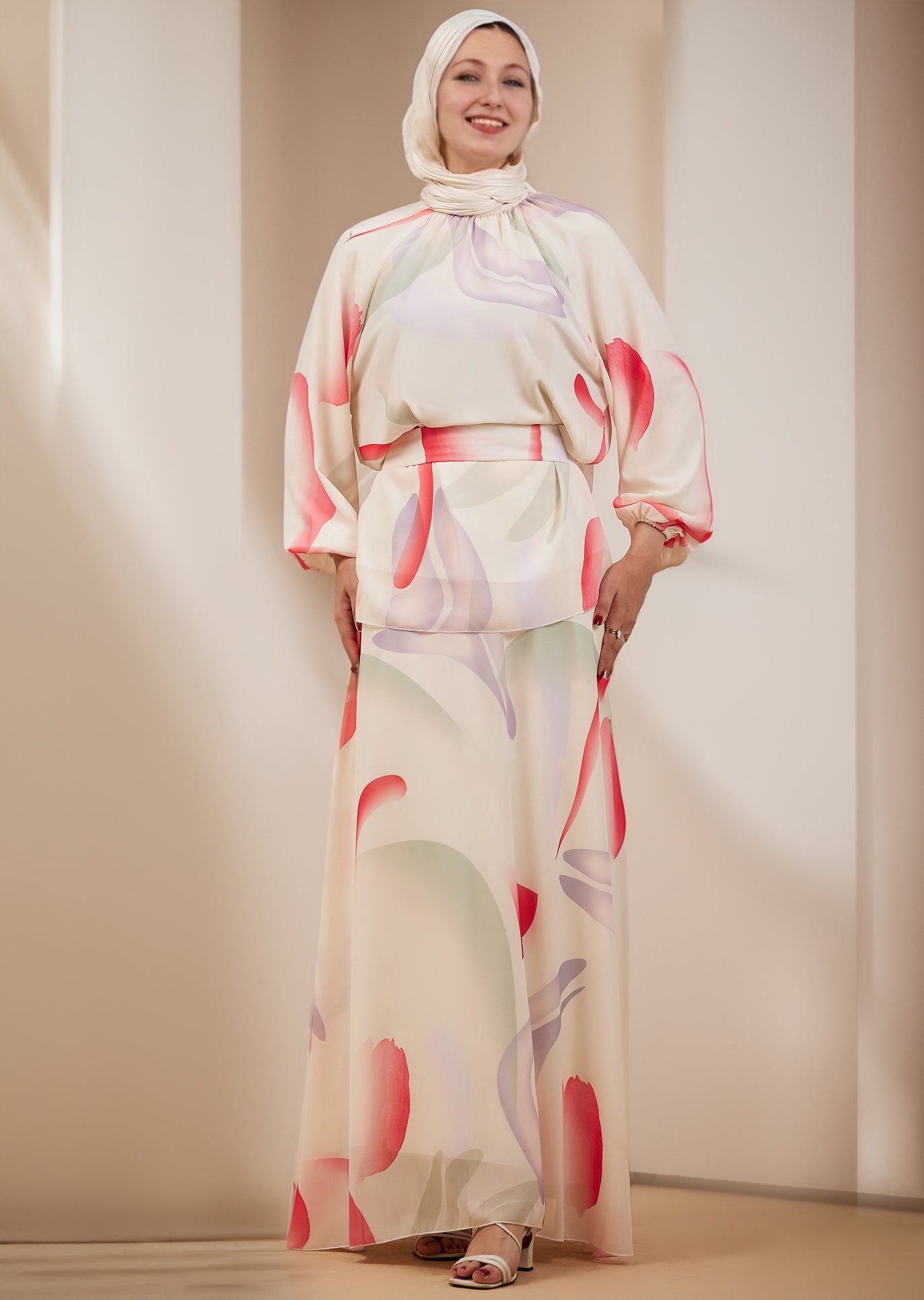 Back view of the radiant chiffon maxi dress in bold abstract print