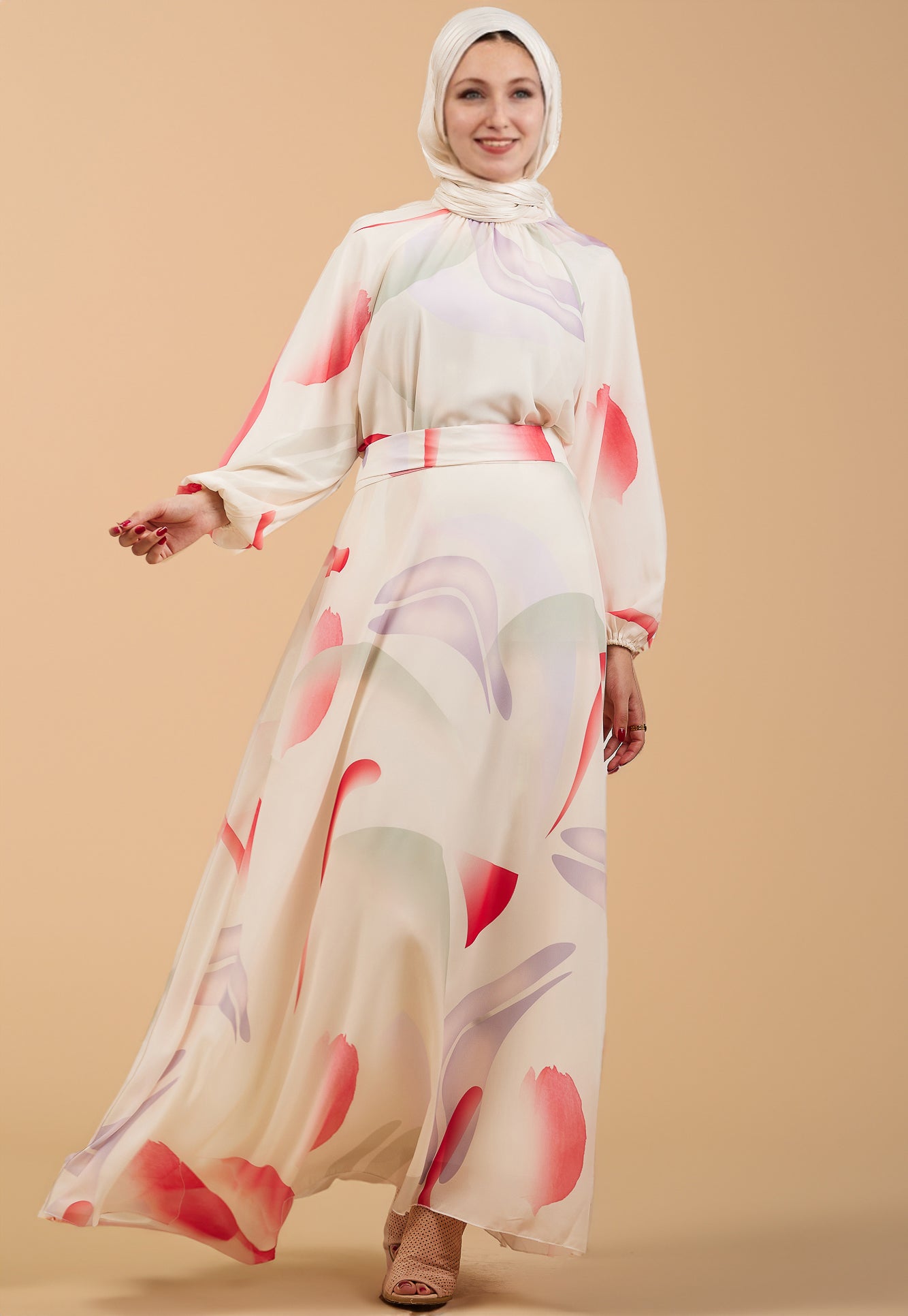 Model wearing the radiant chiffon maxi dress in bold abstract print