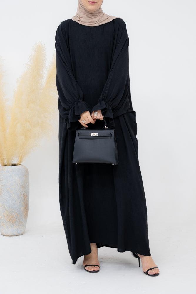 Radwa batwing abaya with ruched sleeve and loose cut in black - ANNAH HARIRI