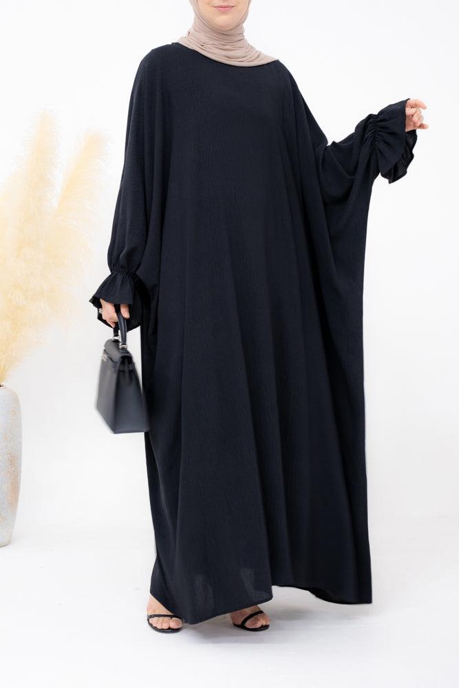 Radwa batwing abaya with ruched sleeve and loose cut in black - ANNAH HARIRI