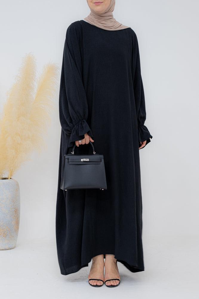 Radwa batwing abaya with ruched sleeve and loose cut in black - ANNAH HARIRI