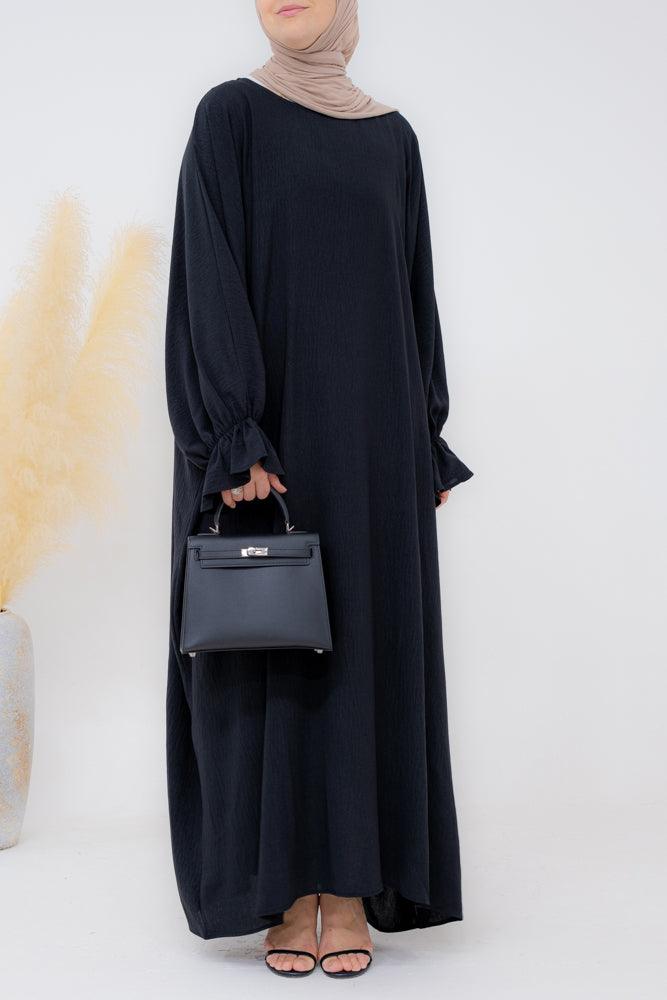 Radwa batwing abaya with ruched sleeve and loose cut in black - ANNAH HARIRI