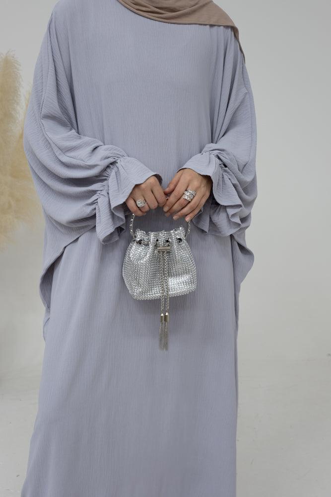 Radwa batwing abaya with ruched sleeve and loose cut in light grey - ANNAH HARIRI