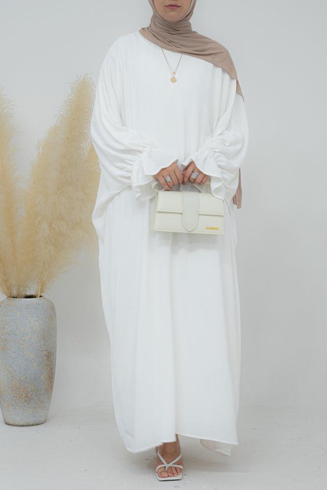 Radwa batwing abaya with ruched sleeve and loose cut in white