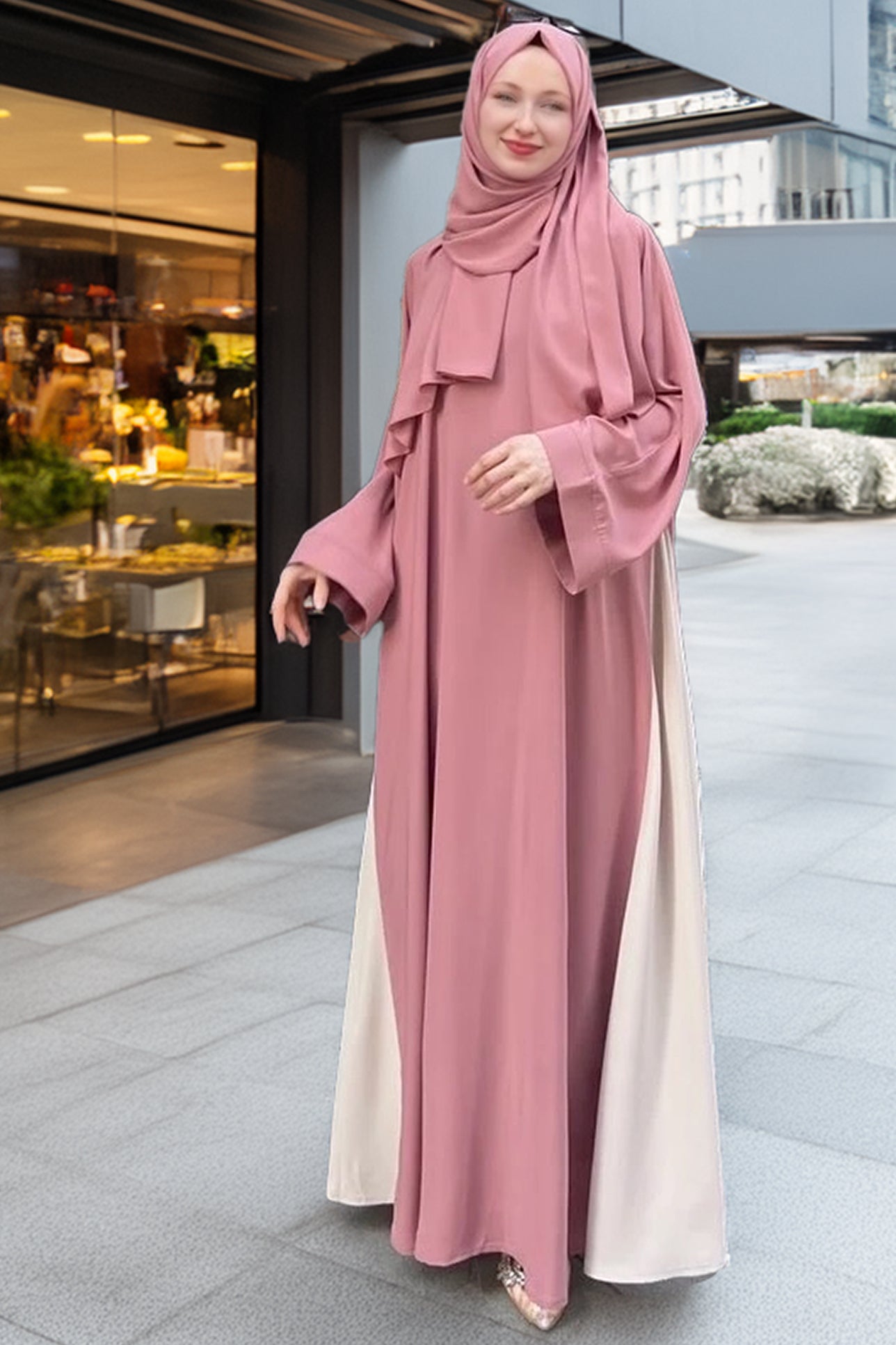 rosewood-crepe-abaya-front.jpg – Front view of rosewood-colored two-tone crepe Abaya