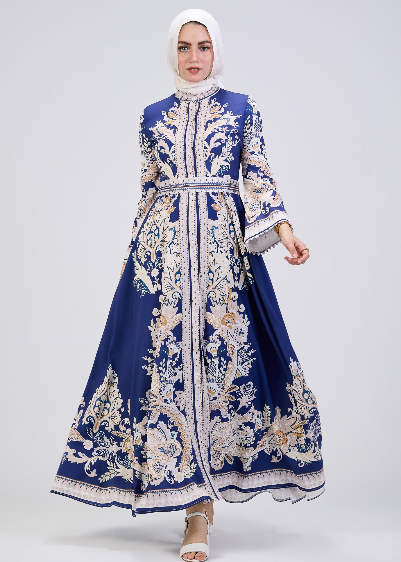 Front view of royal blue floral print satin modest dress