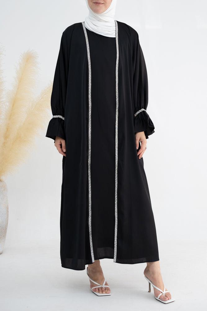 Sandalwood abaya in black with embellished ribbon detail in black - ANNAH HARIRI