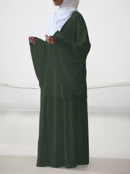 Front view of satin batwing sleeve Abaya set