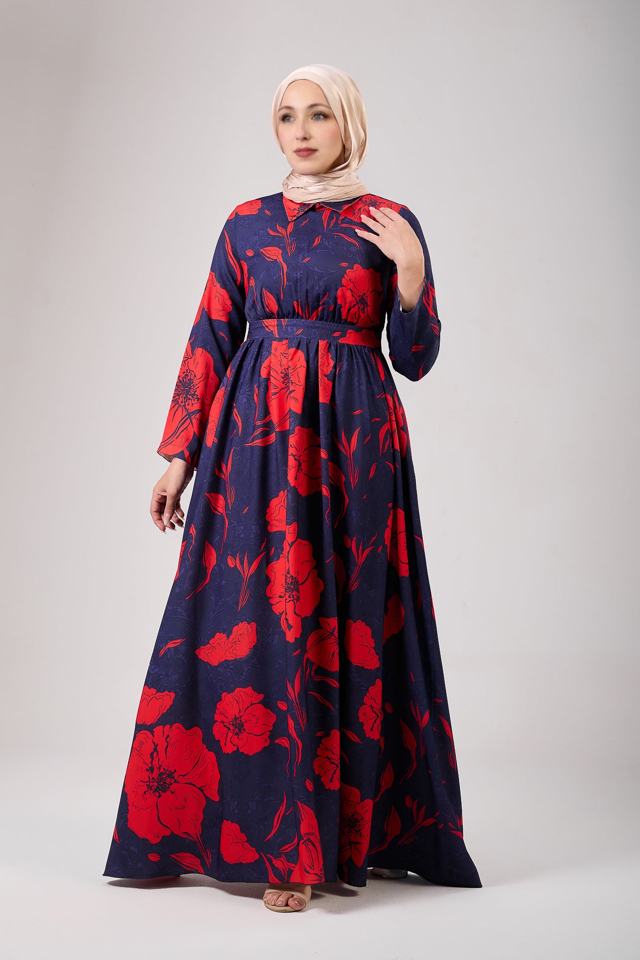 Model wearing the satin floral modesty dress