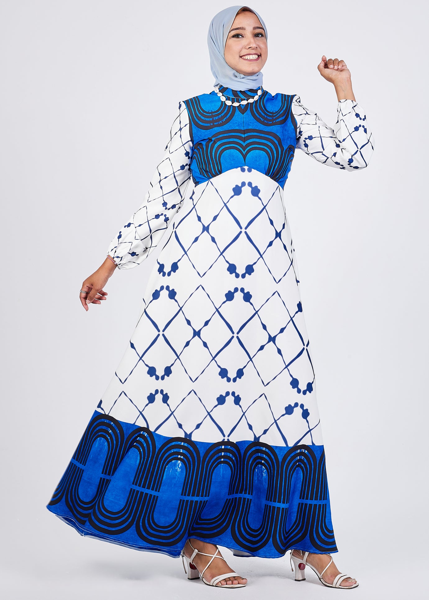 Serena Blue Geometric Print Maxi Dress - Elastic Cuffs Detail