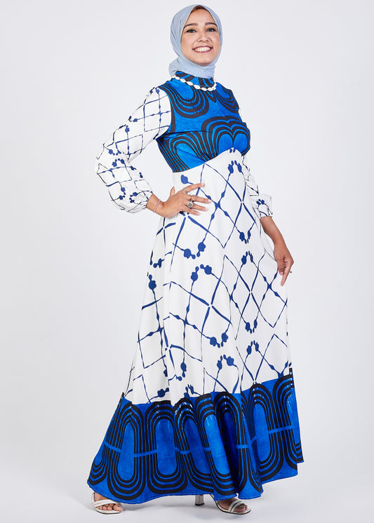 Serena Blue Geometric Print Maxi Dress - Flowy Skirt Detail
