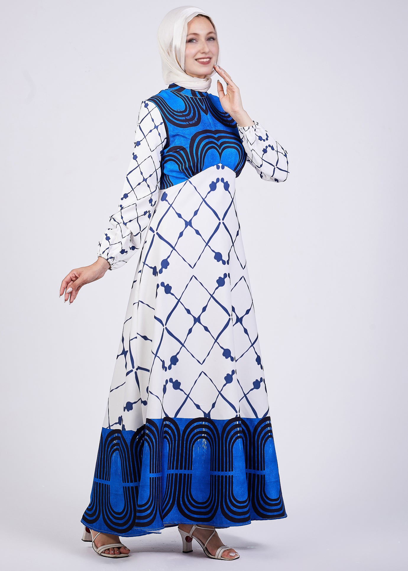 Serena Blue Geometric Print Maxi Dress - Front View