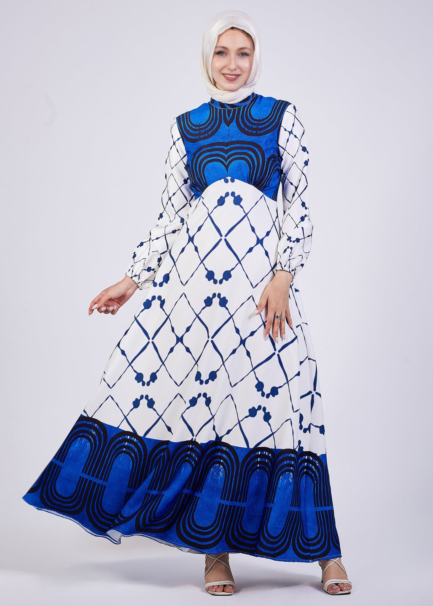 Serena Blue Geometric Print Maxi Dress - Full Length View
