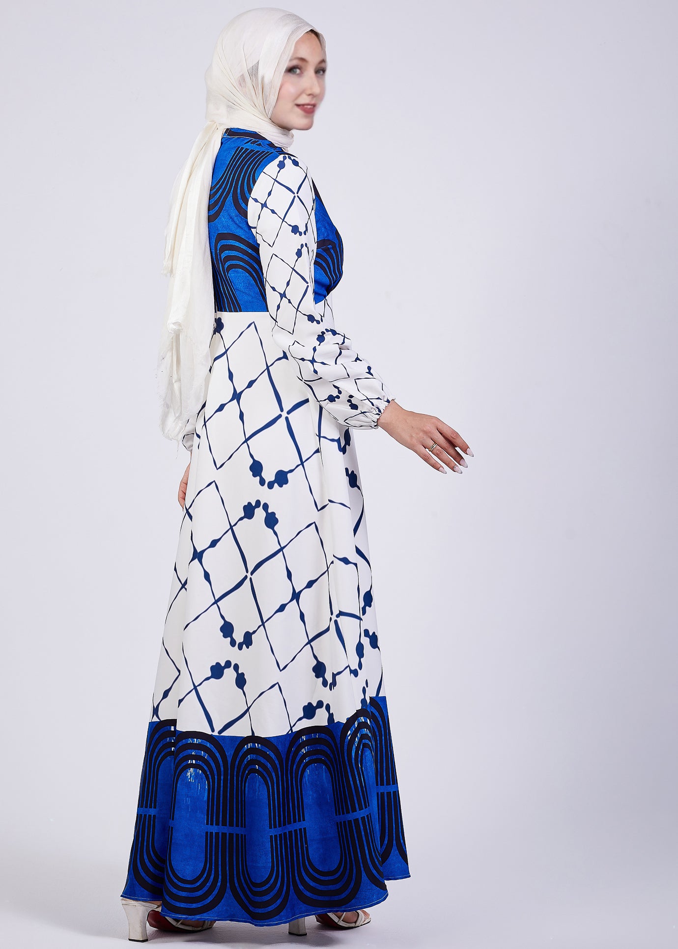 Serena Blue Geometric Print Maxi Dress - High Neckline Detail
