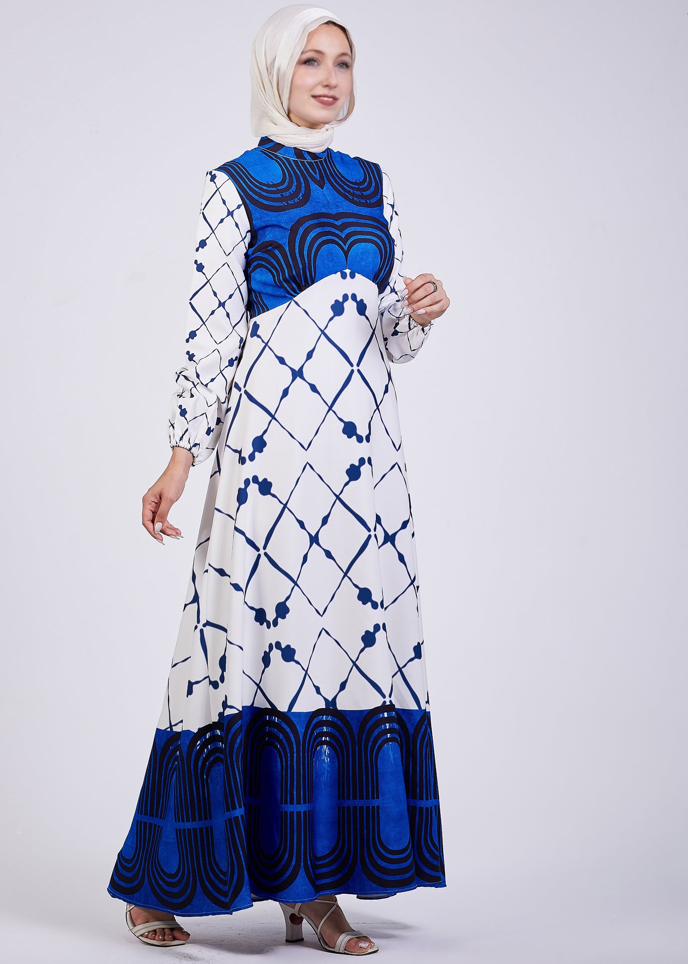 Serena Blue Geometric Print Maxi Dress - Pattern Detail
