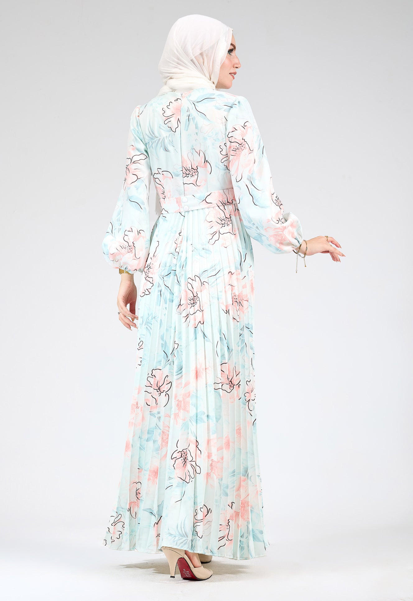 Serenity Floral Pleated Modesty Dress in Light Blue